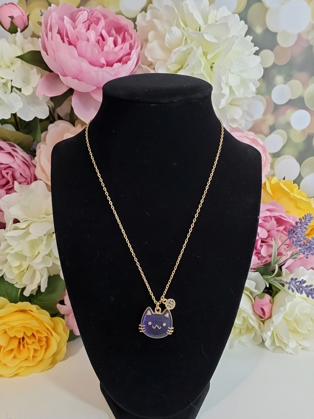 Gold-Tone Necklace with Purple Cat Enamel Charm for Kids